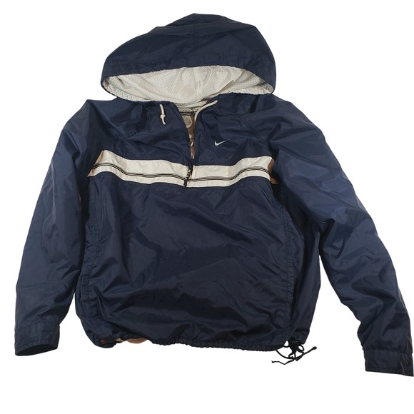 Vintage Nike Pullover Windbreaker Jacket Navy Blue White Striped Mens Medium - Picture 1 of 7